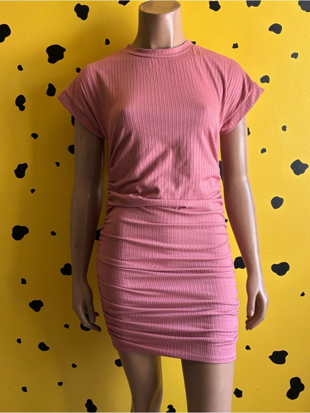 Pink Ribbed Bodycon Mini Dress Y2K Fitted Stretch Aesthetic Streetwear Baddie